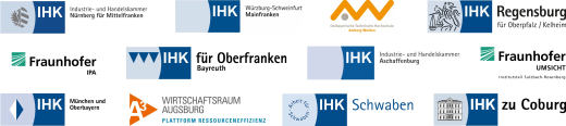 Logos der Partner: IHK Nürnberg für Mittelfranken, IHK Würzburg-Schweinfurt, OTH Amberg-Weiden, IHK Regensburg für Oberpfalz / Kelheim, Fraunhofer IPA, IHK für Oberfranken Bayreuth, IHK Aschaffenburg, Fraunhofer UMSICHT, IHK München und Oberbayern, Wirtschaftsraum Augsburg, IHK Schwaben, IHK zu Coburg.